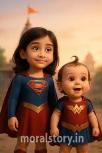 Ram Navami Special: Amaira and Duggu Unlock Divine Powers & Begin Their Superhero Destiny 1 Ram Navami Special, Ram Navami kids story, superhero children story, Amaira and Duggu adventures, kids moral stories in Hindi and English, Supergirl powers, Captain Marvel energy, Wonder Woman strength, divine blessings for kids