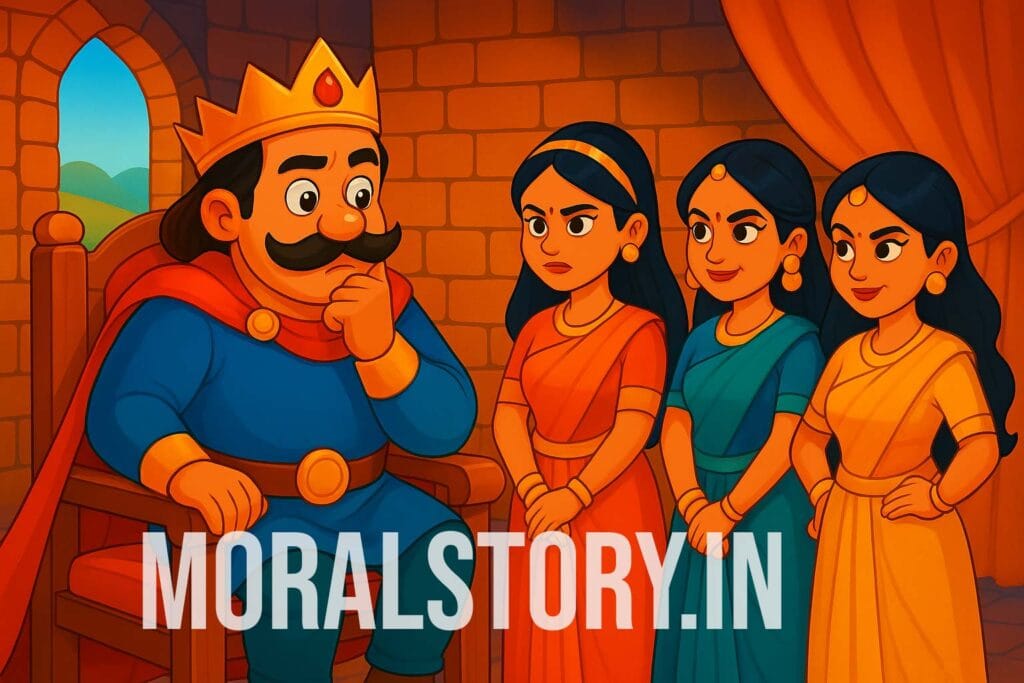 राजा की तीन रानियाँ, रानी की चालाकी, राजा की कहानी हिंदी में, नैतिक शिक्षा वाली कहानी, बच्चों के लिए लंबी कहानी, Hindi moral stories, clever queens story, king and queen story, Indian king tale, wisdom and truth story