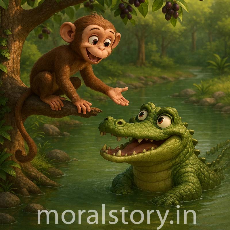 बंदर और मगरमच्छ की कहानी, पंचतंत्र कहानियाँ, नैतिक कहानी हिंदी में, बच्चों की कहानियाँ, हिंदी प्रेरणादायक कहानी, जानवरों की कहानी, moral stories in Hindi, monkey and crocodile story, moralstory.in, Panchatantra stories, monkey and crocodile story, moral story in English, Hindi story for kids, animal moral story, jungle story, children story with moral, monkey crocodile Panchatantra