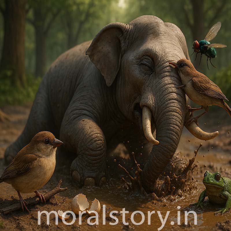 हाथी और गौरैया कहानी, hathi aur gauriyaa story, moral story in hindi, unity is strength story, hindi english moral story, short story with moral, animal story for kids, wisdom and courage story