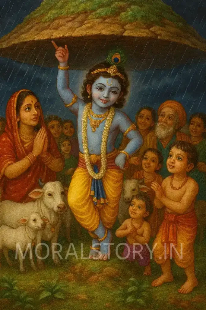 श्रीकृष्ण की गोवर्धन लीला, गोवर्धन लीला की कहानी, Krishna Govardhan story, Govardhan Puja, श्रीकृष्ण बाल लीलाएँ, इंद्र का अभिमान, कालिया नाग दमन से पहले, Hindu moral stories, Radha Krishna stories, moralstory.in