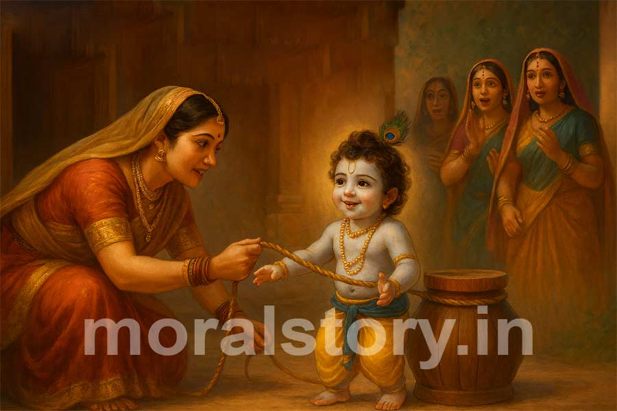 दामोदर लीला की कहानी, Krishna Damodar leela, यशोदा कृष्ण को बांधना, श्रीकृष्ण बाल लीलाएँ, नटखट कान्हा की कथा, Radha Krishna stories, moralstory.in