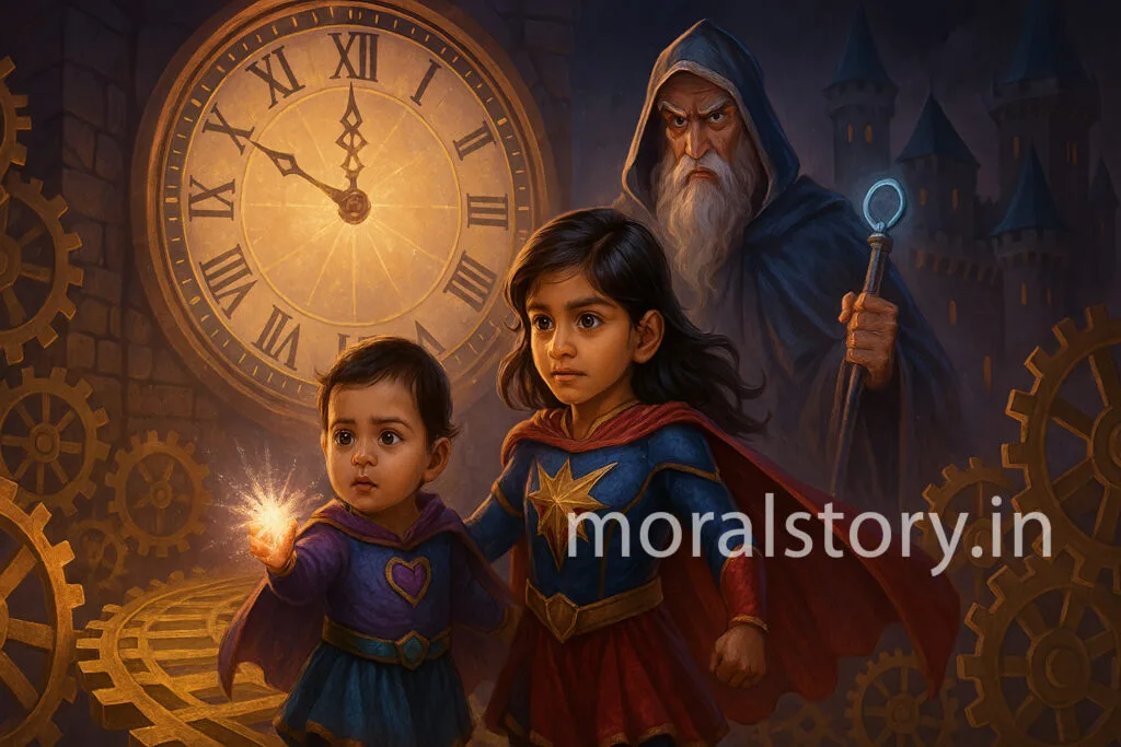 Amaira Duggu Magic Series – Part 5: समय का सम्राट और जादुई घड़ी | Lord of Time and the Magical Clock 1 Amaira Duggu Magic Series, Lord of Time story, magical adventure for kids, Hindi English story for children, jadu ki kahani, superhero girls tale, fantasy moral story, time travel kids story, bilingual kids content