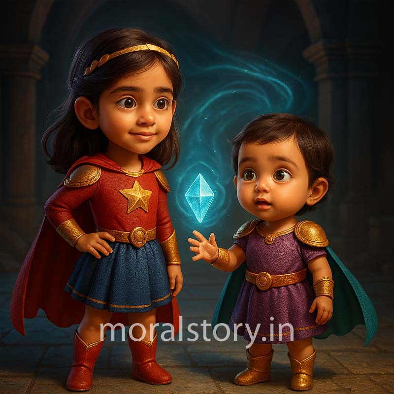 Amaira & Duggu, The Time Crystal Adventure, time travel story for kids, Amaira and Duggu adventures, Hindi English moral story, kids superhero stories, time crystal story, historical fantasy for children, time travel moral story, powerful kids tales