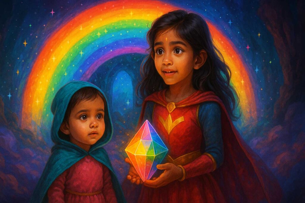 magic story in hindi, kids adventure story, amaira duggu story, rainbow gate fantasy tale, पहेली की कहानी, बच्चों की जादुई कहानी, seven colors puzzle, indradhnush dwar, moral story in hindi and english