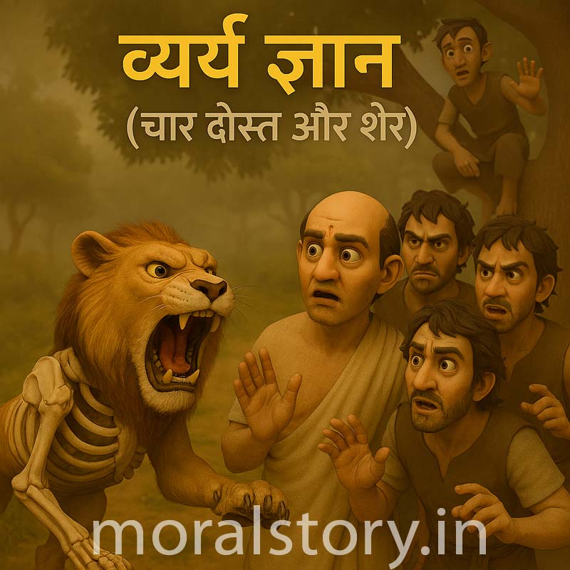 व्यर्थ ज्ञान कहानी, चार दोस्त और शेर, पंचतंत्र कहानी, moral story in Hindi, Hindi moral stories, wisdom story, Panchatantra tales, ज्ञान और विवेक की कहानी, moralstory.in