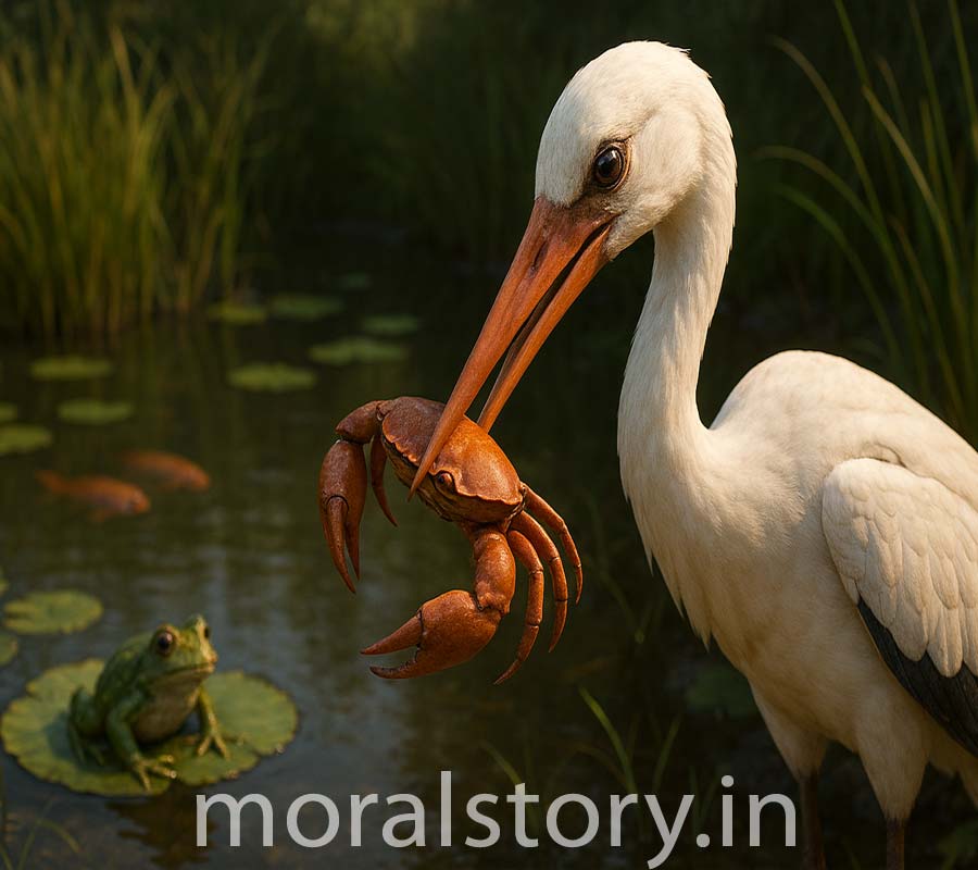 सारस और केकड़ा कहानी, पंचतंत्र कहानियाँ, नैतिक कहानी हिंदी में, बच्चों की प्रेरणादायक कहानी, धोखा और बुद्धिमानी की कहानी, crane and crab story, moralstory.in, Hindi moral stories, पंचतंत्र सारस की कहानी