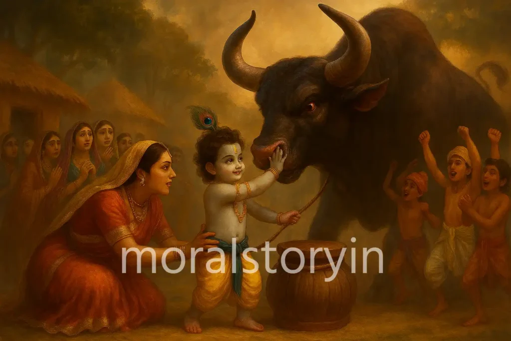 कृष्ण और अरिष्टासुर की कहानी, Krishna Aristasura Story, Aristasura Demon Bull, Krishna kills Aristasura, बाल लीलाएँ, श्रीकृष्ण की कहानियाँ, Radha Krishna Stories, Gokul stories, moralstory.in