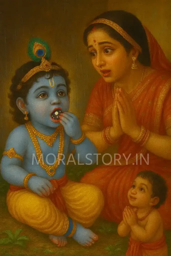 कृष्ण मिट्टी खाते हैं, yashoda virat roop, Krishna Eats Mud Story, Krishna Universe in Mouth, बाल लीलाएँ, श्रीकृष्ण की कहानियाँ, Radha Krishna Stories, moralstory.in
