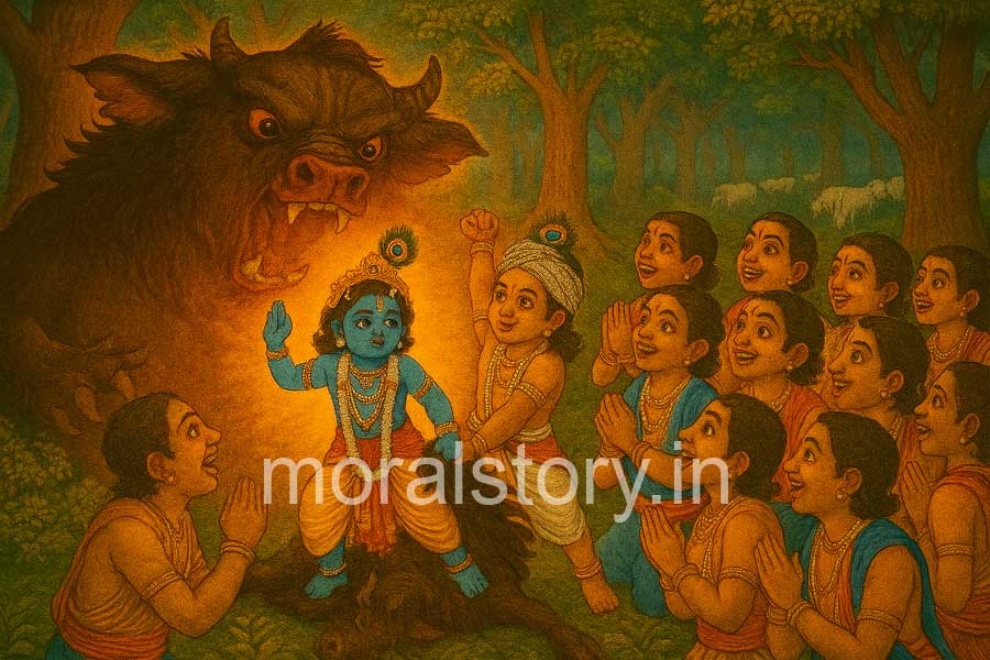 कृष्ण और धेनुकासुर की कहानी, Dhenukasura Vadh story, Krishna kills Dhenukasura, श्रीकृष्ण की बाल लीलाएँ, Radha Krishna stories, moralstory.in