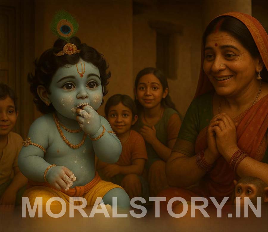 कृष्ण माखन चोरी की कहानी, Krishna butter stealing story, Shri Krishna childhood leela, कान्हा की बाल लीलाएँ, नटखट कान्हा, Radha Krishna stories, moralstory.in