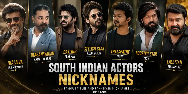south indian actor nicknames, tamil actor titles, telugu actor nicknames, kannada actor nicknames, malayalam actor titles, rajinikanth nickname, allu arjun nickname, prabhas nickname, indian actor titles list, celebrity nicknames 2026