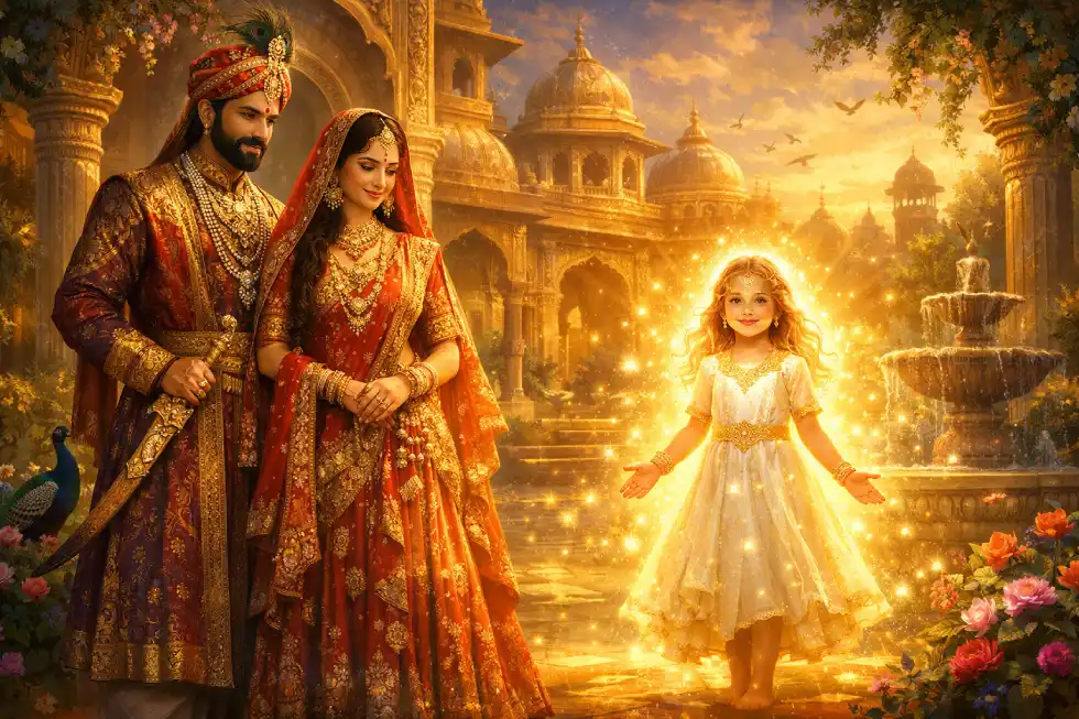 राजा रानी और मायावी कन्या – एक रहस्यमयी लोककथा 1 राजा सूर्यकेतु, रानी चंद्रप्रभा और रहस्यमयी कन्या मायरा महल के प्रांगण में खड़े हुए