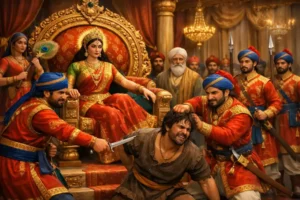 रानी देवयानी राजदरबार में चोर को पकड़ते हुए (रानी की बुद्धिमानी – प्रेरणादायक राजा-रानी की हिंदी कहानी)