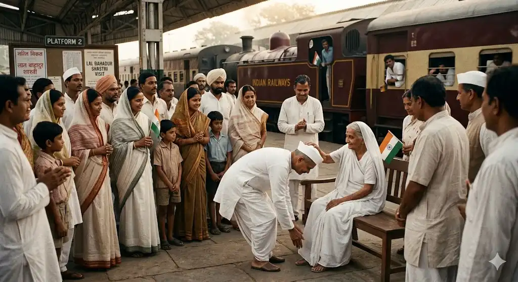 Lal Bahadur Shastri respectfully touching the feet of his elderly mother at a public railway event,